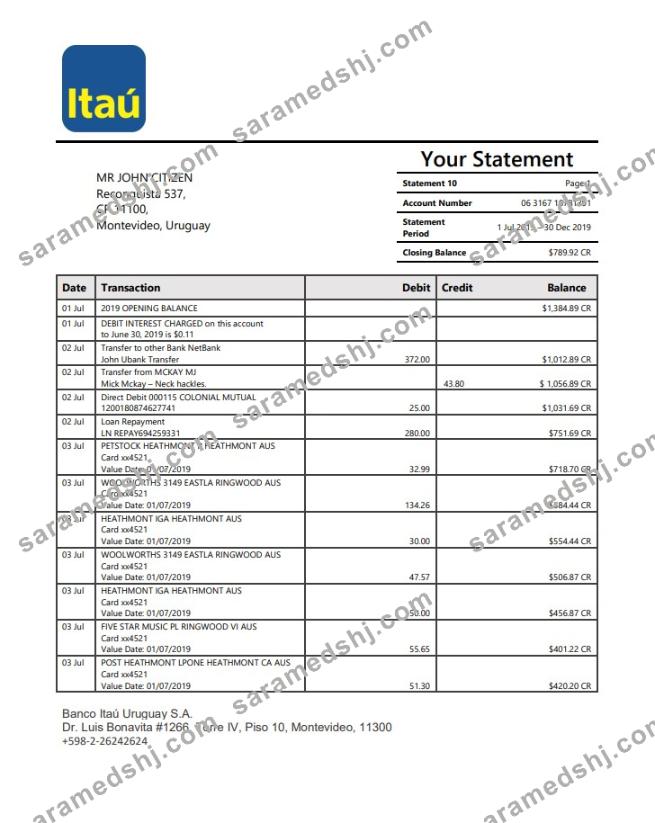 Uruguay Itau bank statement template in Word and PDF format